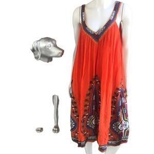 Jessica Taylor Rayon Teresa Orange Printed V-Neck Flowy Sleeveless Dress Size L